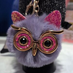 Purple Owl With Pink Glitter Ears And Eyes Pom Pom Bag Charm/Keychain